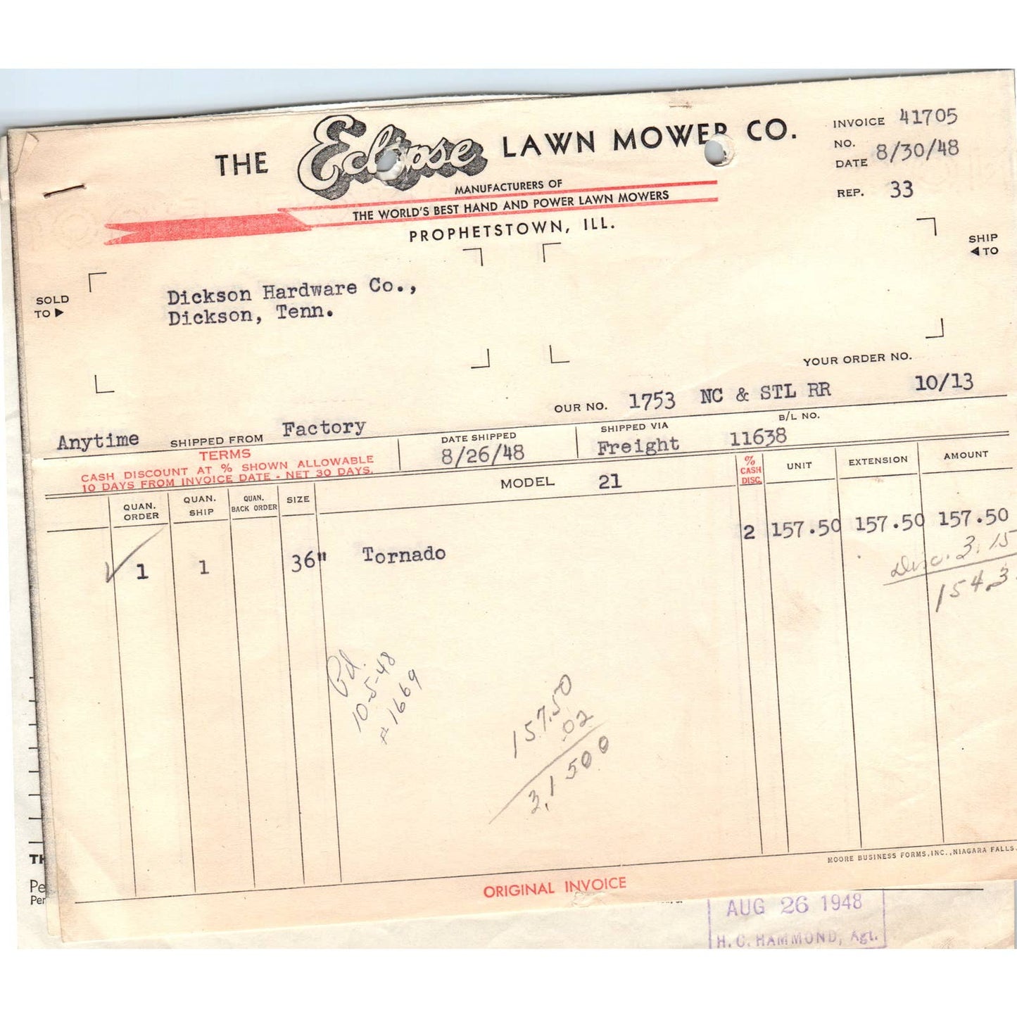 1948 The Eclipse Lawn Mower Co. Billhead Set Prophetstown IL AD5-1