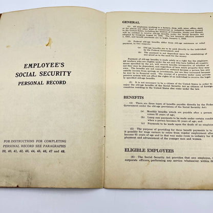 1936 Employee Social Security Personal Records Federal Old Age Benefits Book TE3