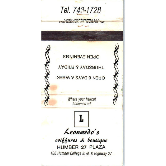 Leonardo's Coiffures & Boutique Humber Plaza Advertising Matchbook Cover SA1-M11