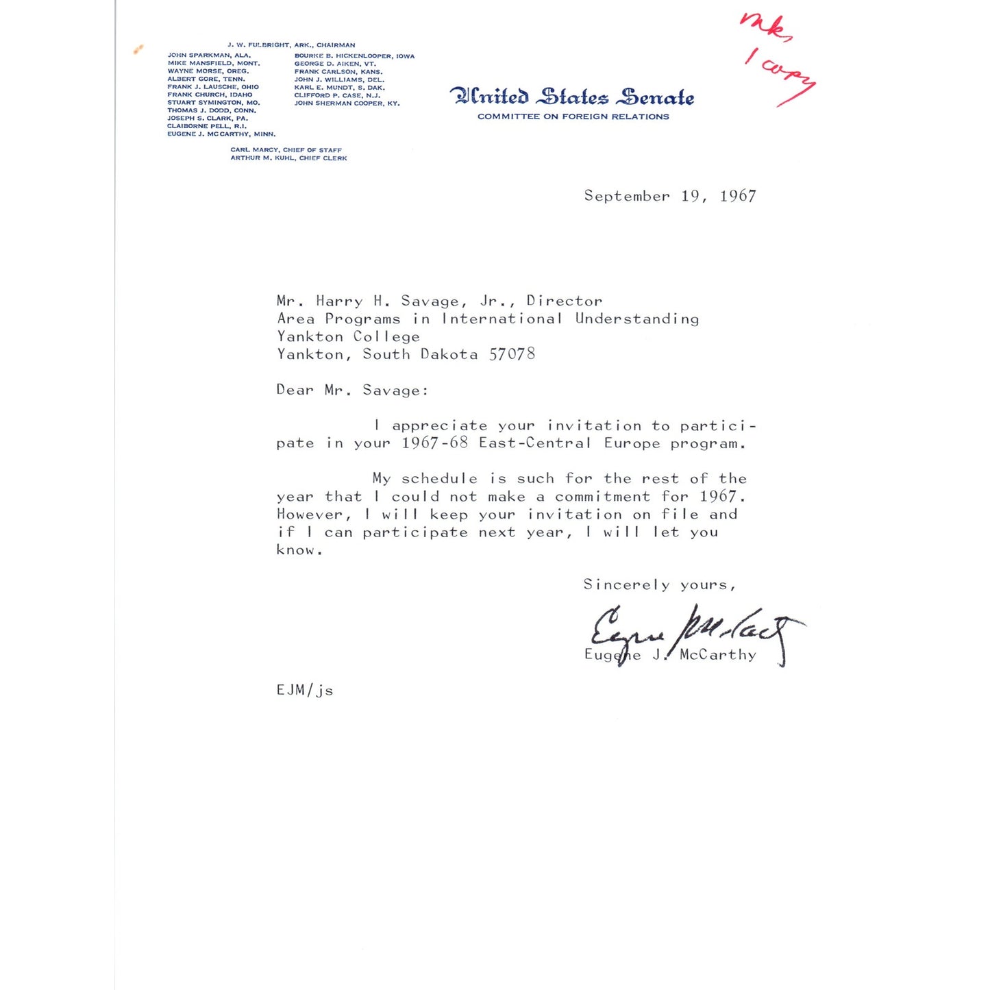 Eugene McCarthy Signed Letter on United States Senate Stationery 1967 B11