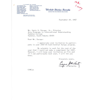 Eugene McCarthy Signed Letter on United States Senate Stationery 1967 B11