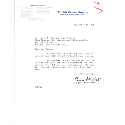Eugene McCarthy Signed Letter on United States Senate Stationery 1967 B11