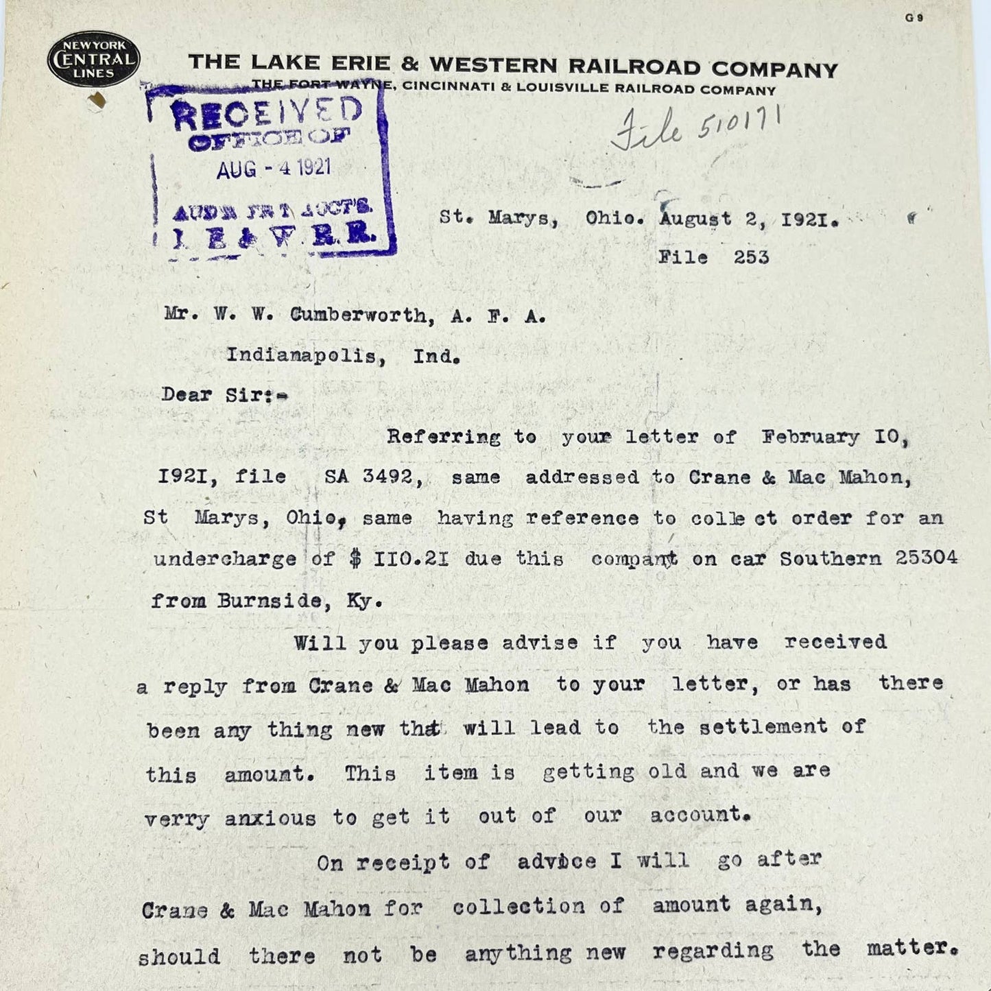 1921 Lake Erie & Western Railroad Co. Letterhead Memo RR AB1-2