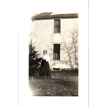 Antique RPPC Postcard Woman in Black Skirt Standing Outside Farmhouse EA3