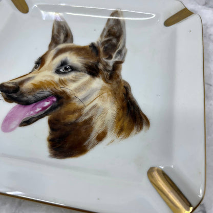 Ucagco Porcelain Hand Painted German Shepherd Ashtray 7" with Gold Trim TJ3-2