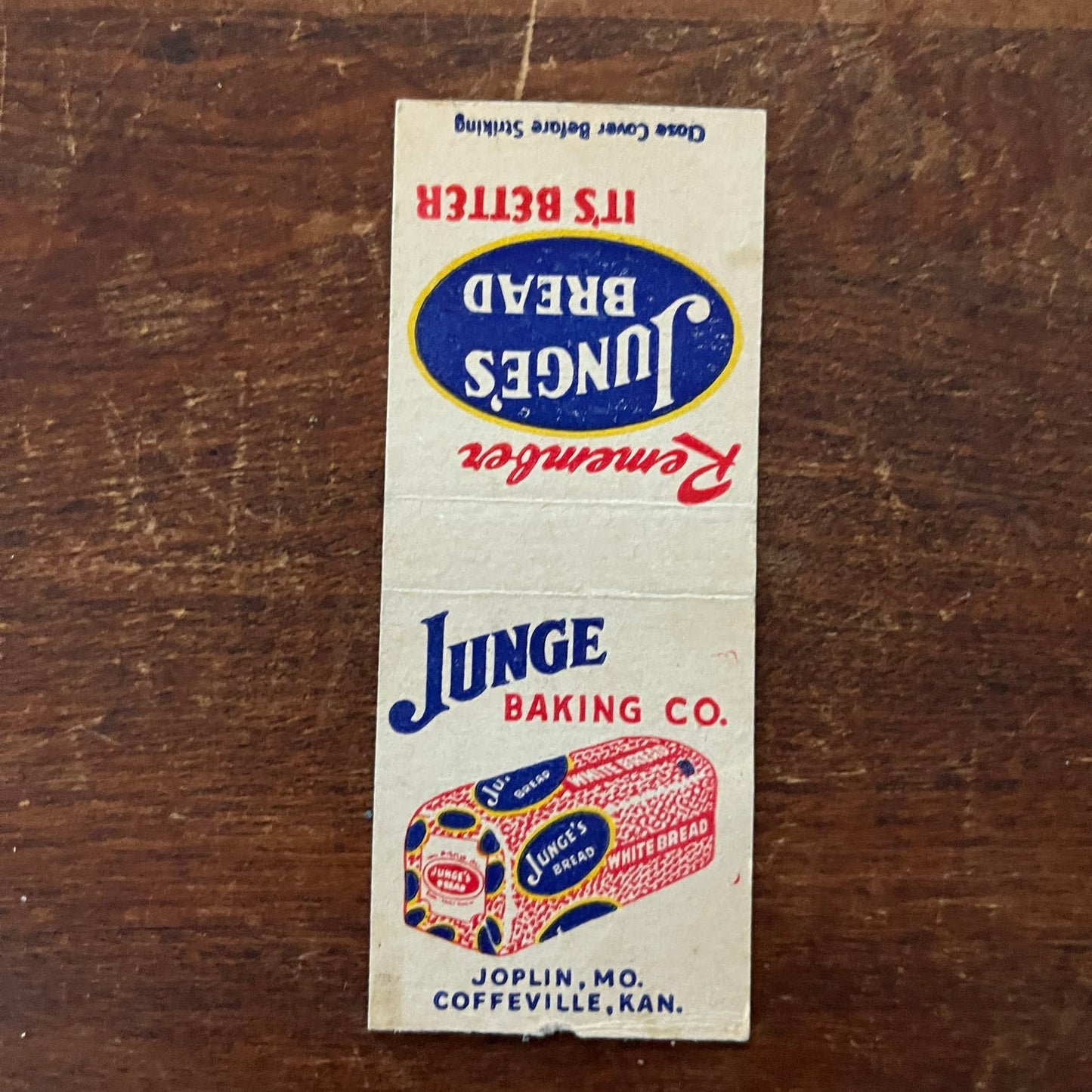 Junge's Bread Joplin MO Coffeville KS Advertising Matchbook Cover SB3-M1