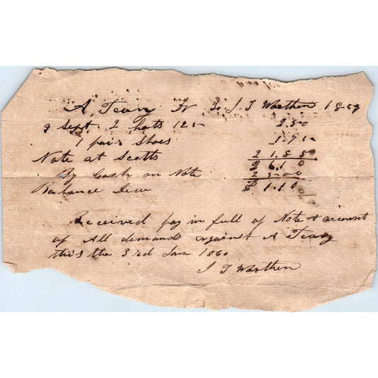 1857 Handwritten Receipt Asa M. Peavy to J.T. Worthen Butler Co AL AD6