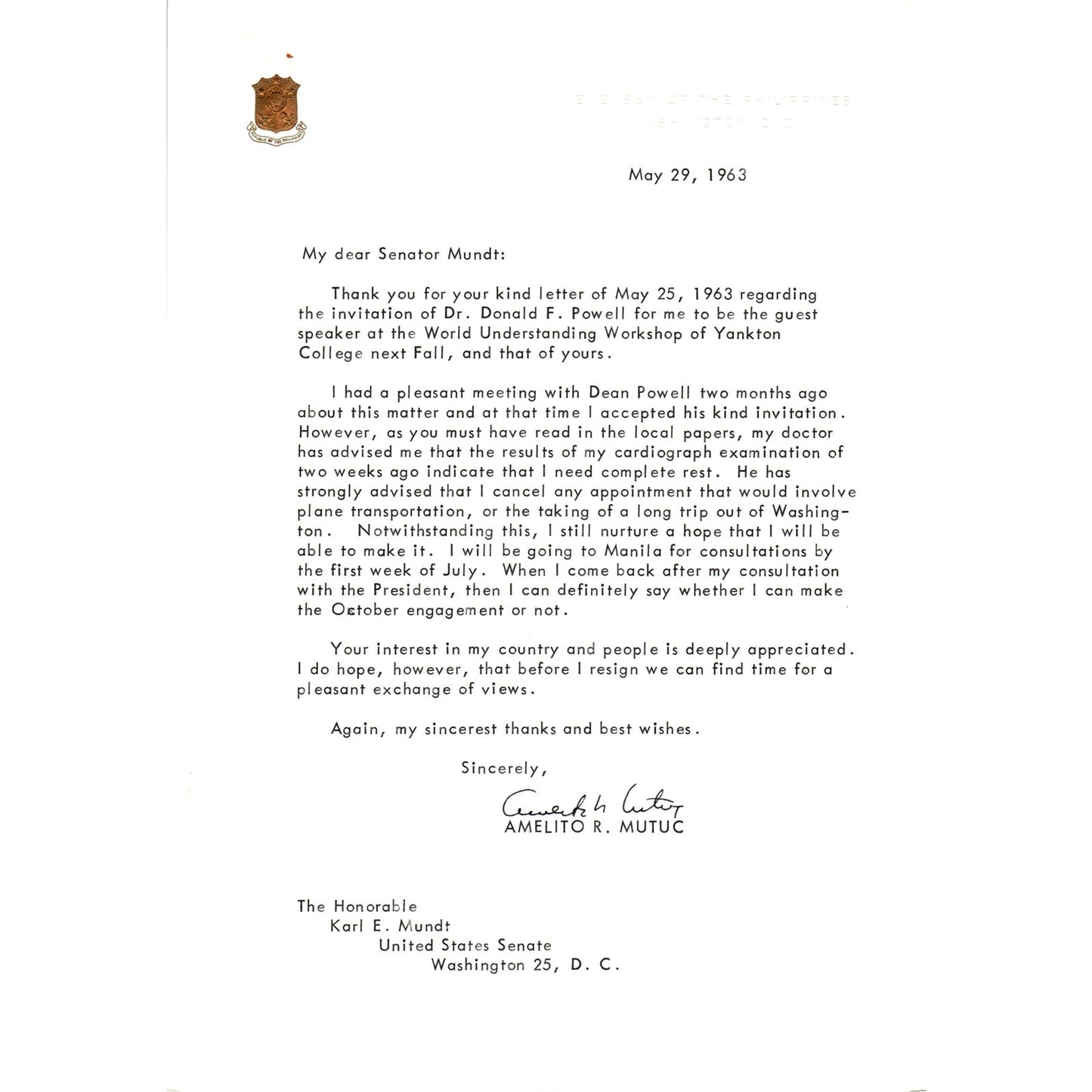 Embassy of the Philippines Official Letterhead Amelito R. Mutuc 5/29/63 B9