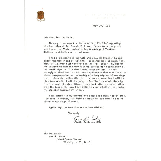 Embassy of the Philippines Official Letterhead Amelito R. Mutuc 5/29/63 B9