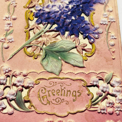 1910s Christmas Folding Card Die Cut Heavy Embossed Air Brushed Floral Gilt PA4