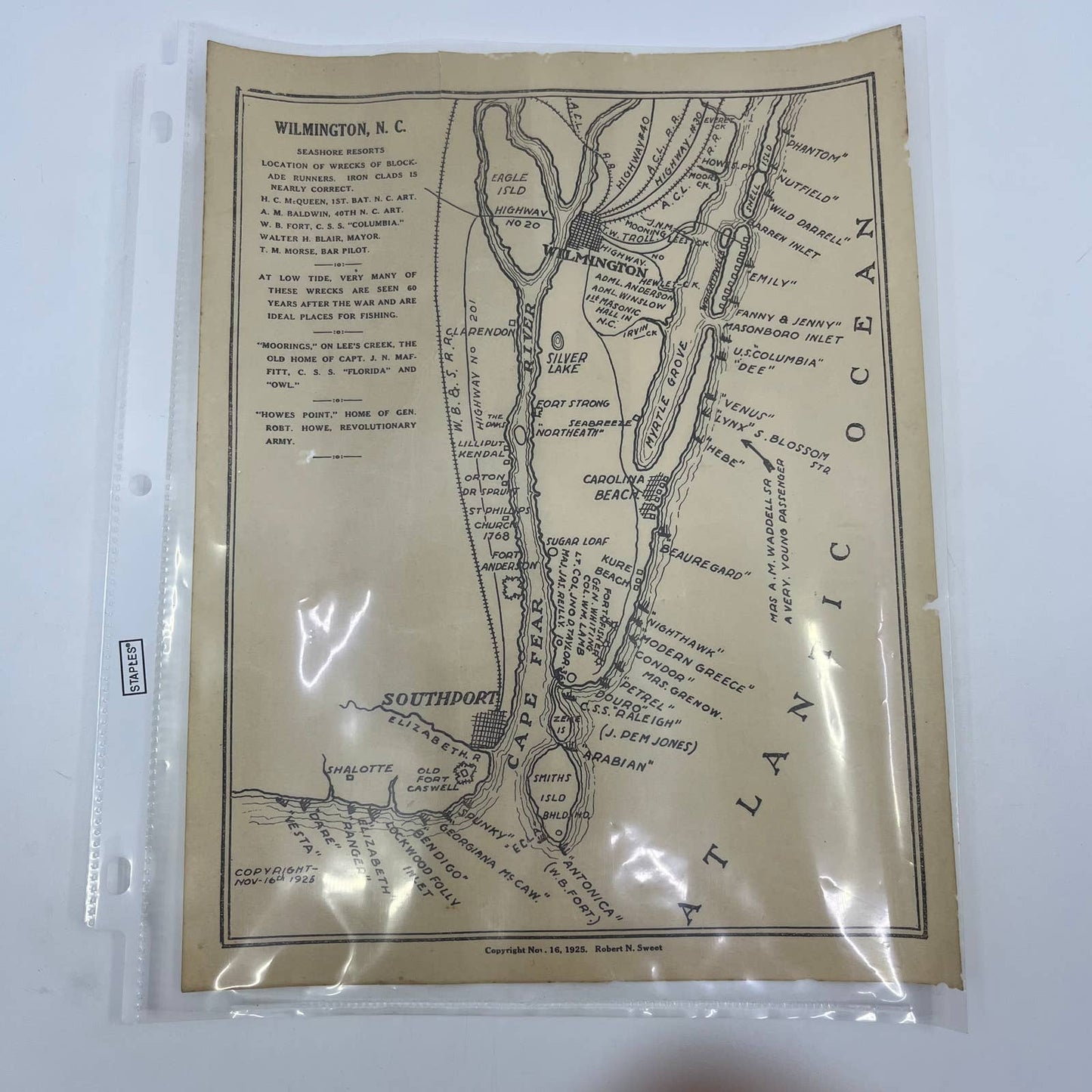 1925 Map of Wilmington NC Seashore Resorts by Robert N. Sweet 8.5x11" AC9