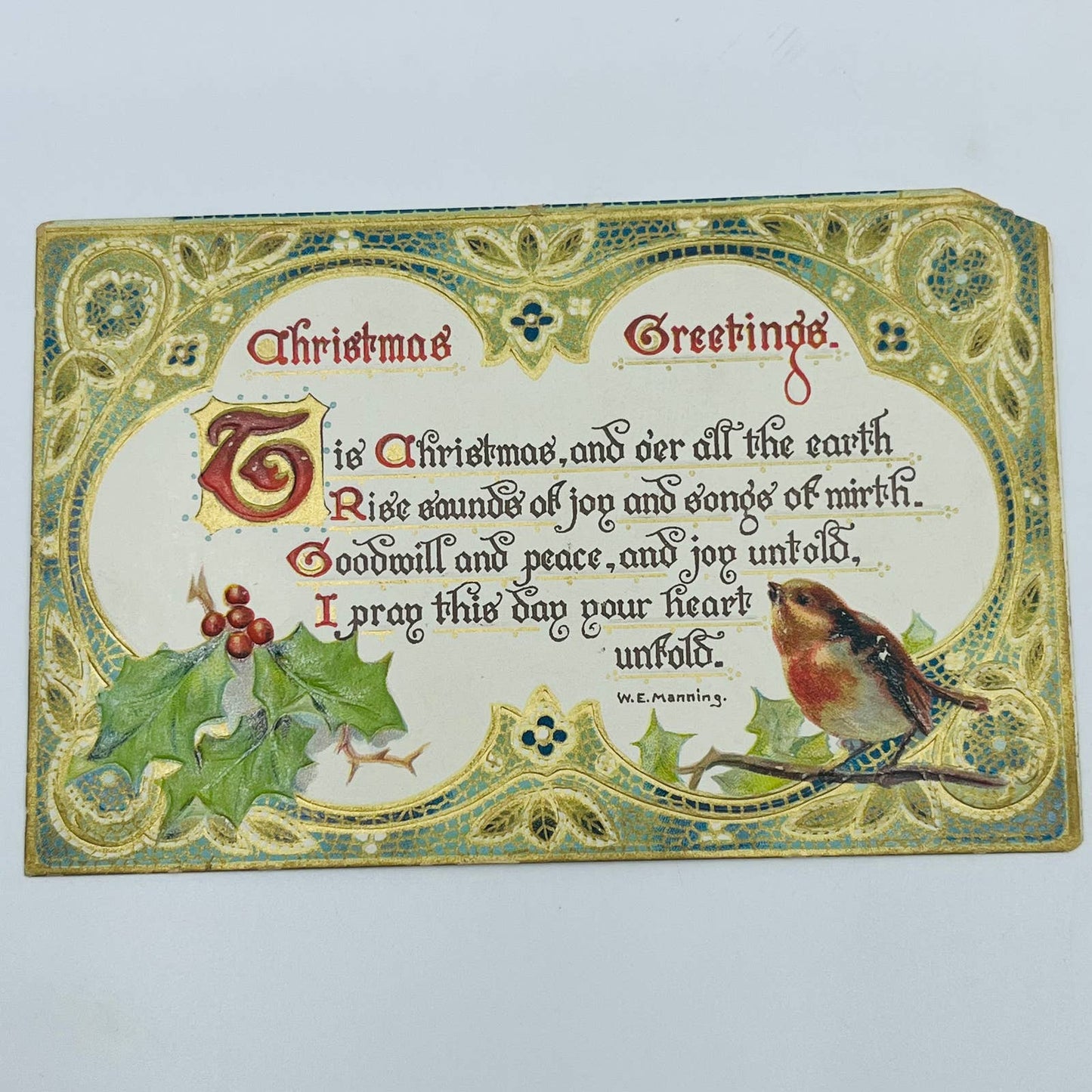 1910s Christmas Post Card Raphael Tuck Robin Poem W.E. Manning Holly PA4