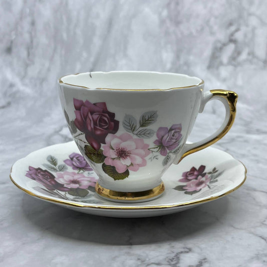 Vintage Delphine Teacup & Saucer Red and Pink Roses Bone China TA7