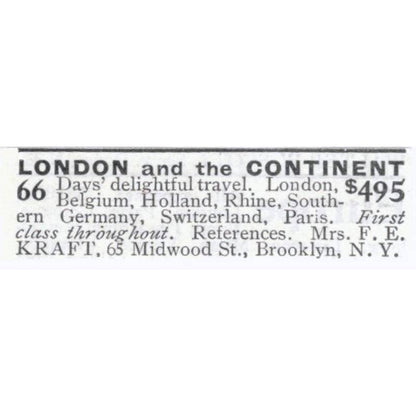 London & Europe Travel Mrs. F.E. Kraft Brooklyn NY - 1903 Original Ad TJ8-7-8