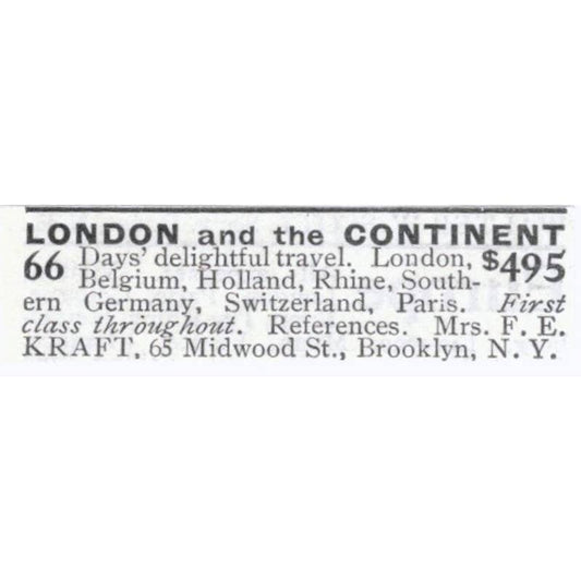 London & Europe Travel Mrs. F.E. Kraft Brooklyn NY - 1903 Original Ad TJ8-7-8