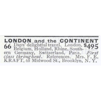 London & Europe Travel Mrs. F.E. Kraft Brooklyn NY - 1903 Original Ad AK5-S33