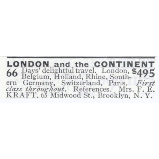 London & Europe Travel Mrs. F.E. Kraft Brooklyn NY - 1903 Original Ad AK5-S33