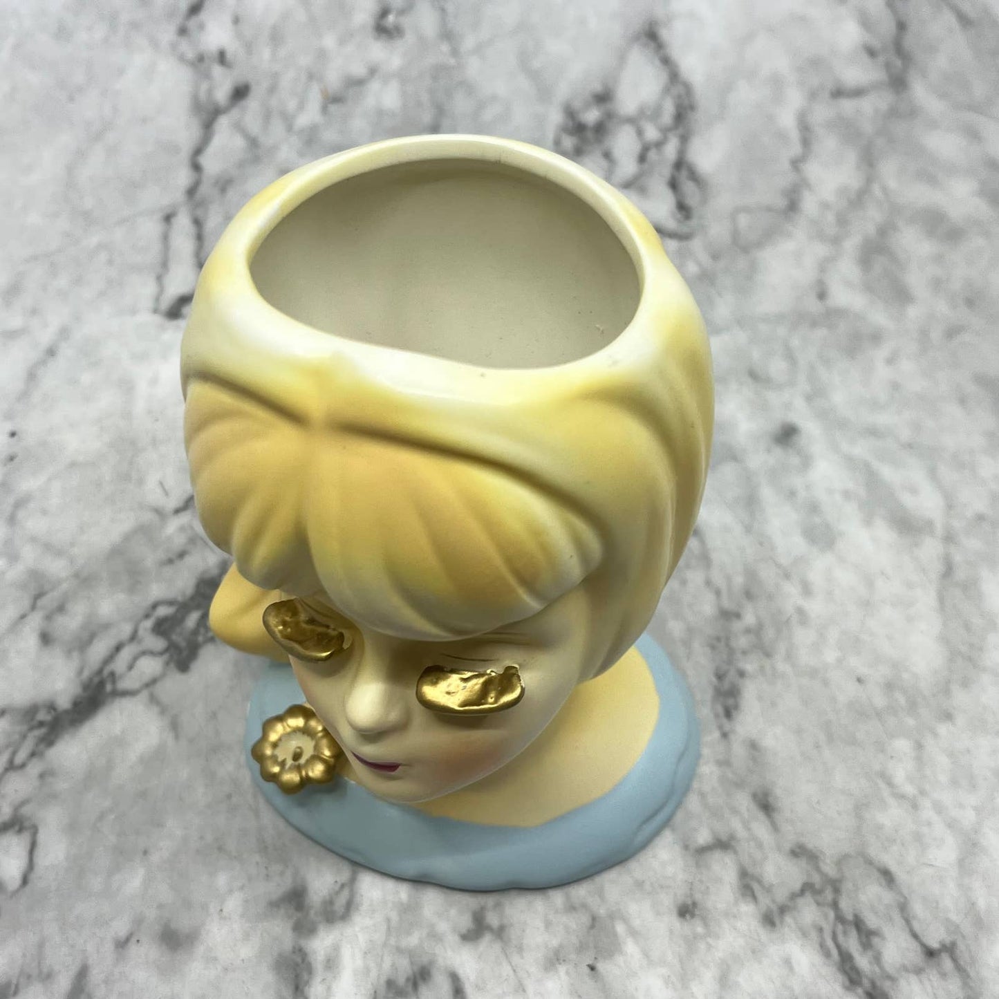 MCM Head Vase Lady Girl Japan Gold Eye Lashes Blue Dress Flower 5" TK2