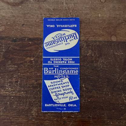 The Burlingame Hotel Bartlesville OK Advertising Matchbook Cover SB3-M2