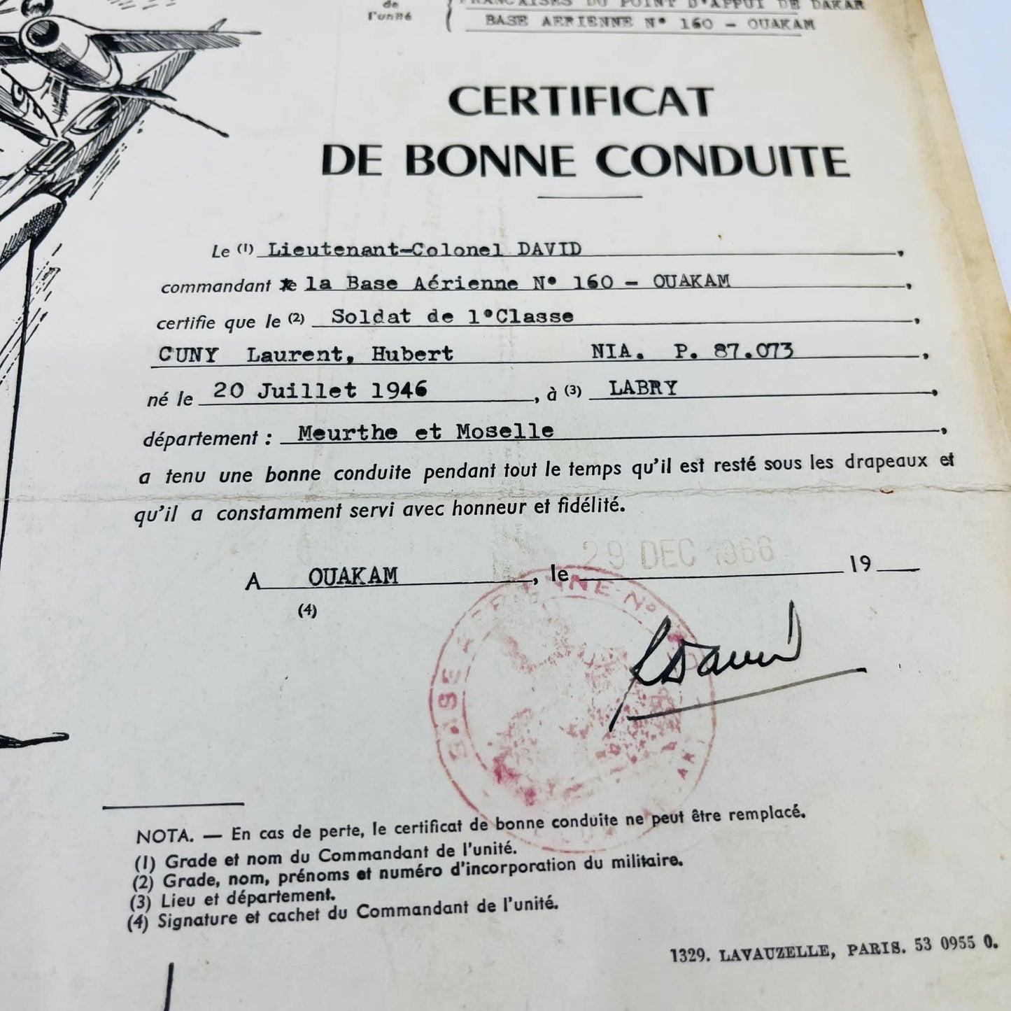 1946 WWII French Air Force Certificate of Good Conduct Dakar Air Base TD5