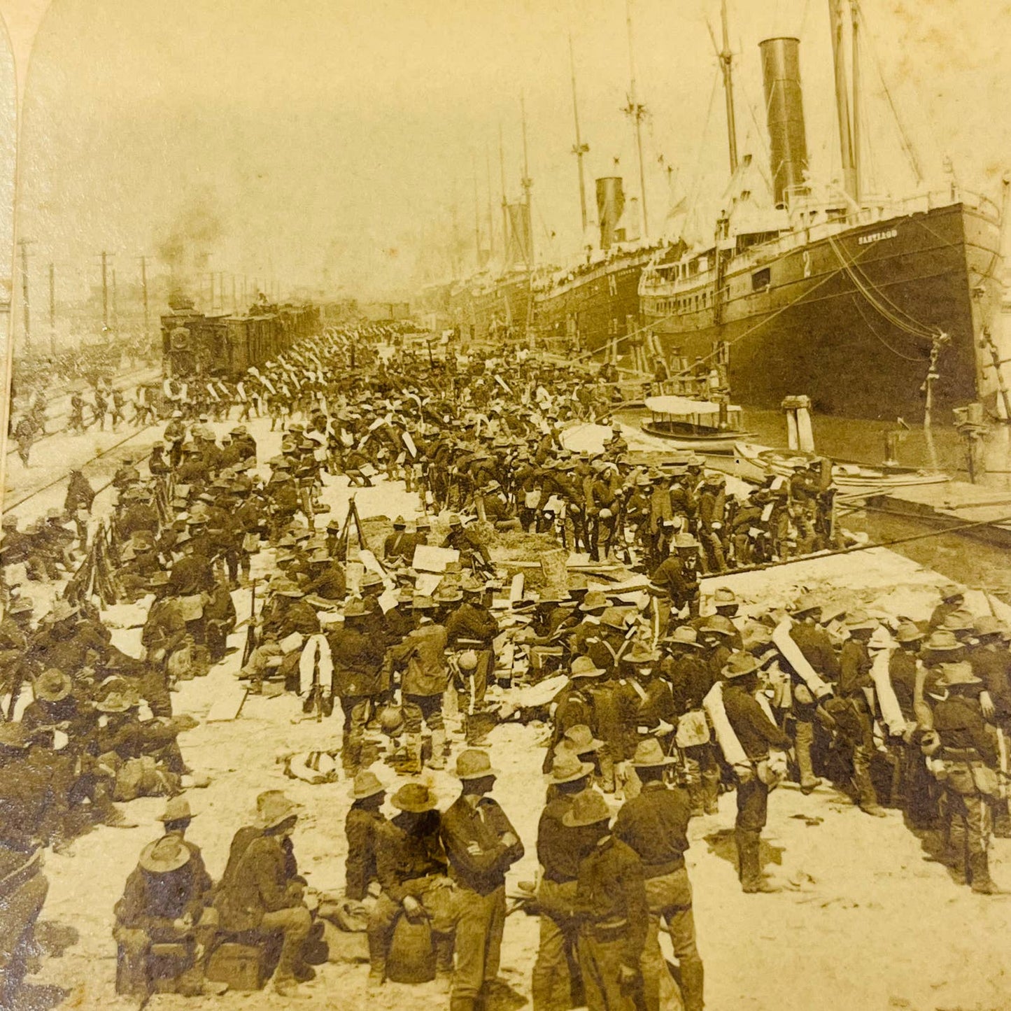 1898 Stereoview Card Dock at Tampa the Day of Sailing for Santiago Cuba