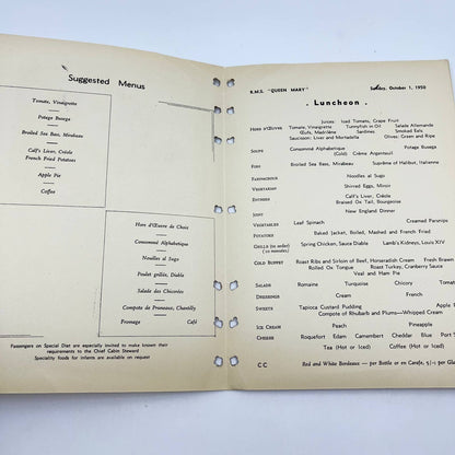 Vintage 1950 Cunard White Star RMS Queen Mary Lunch Menu Flowers AB3