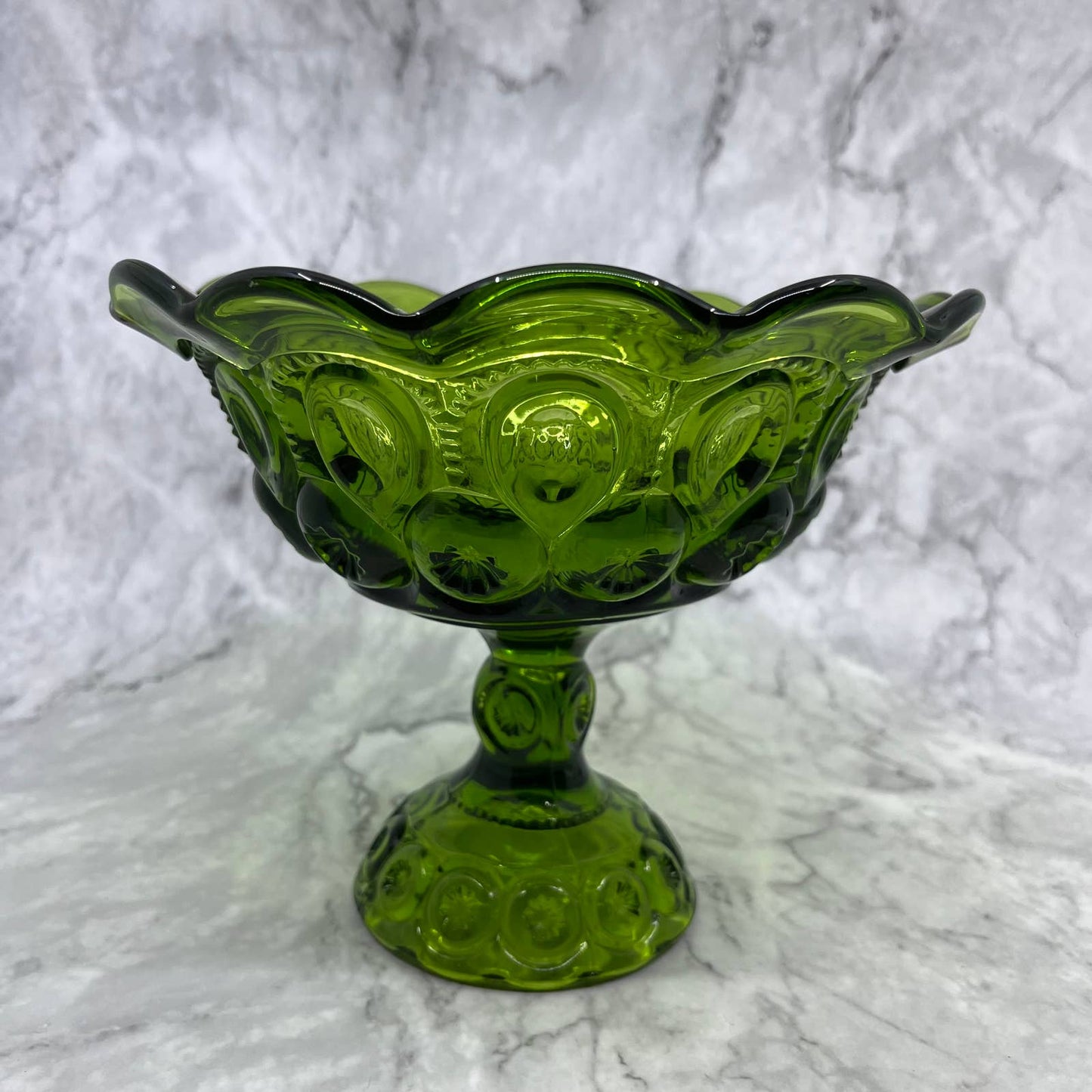 Vintage LE Smith Moon Stars Compote Green Glass Ruffled Edges Large 6.5x8" TA2