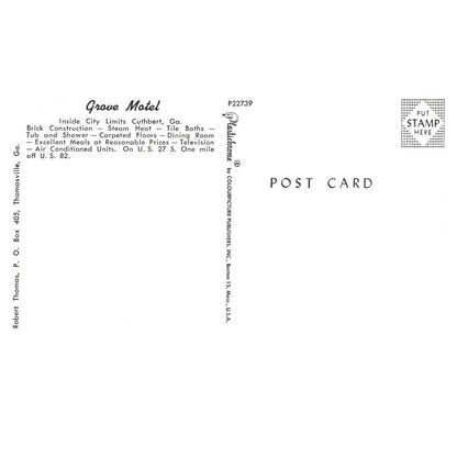 Vintage Postcard - Grove Motel Cuthbert Georgia AD9