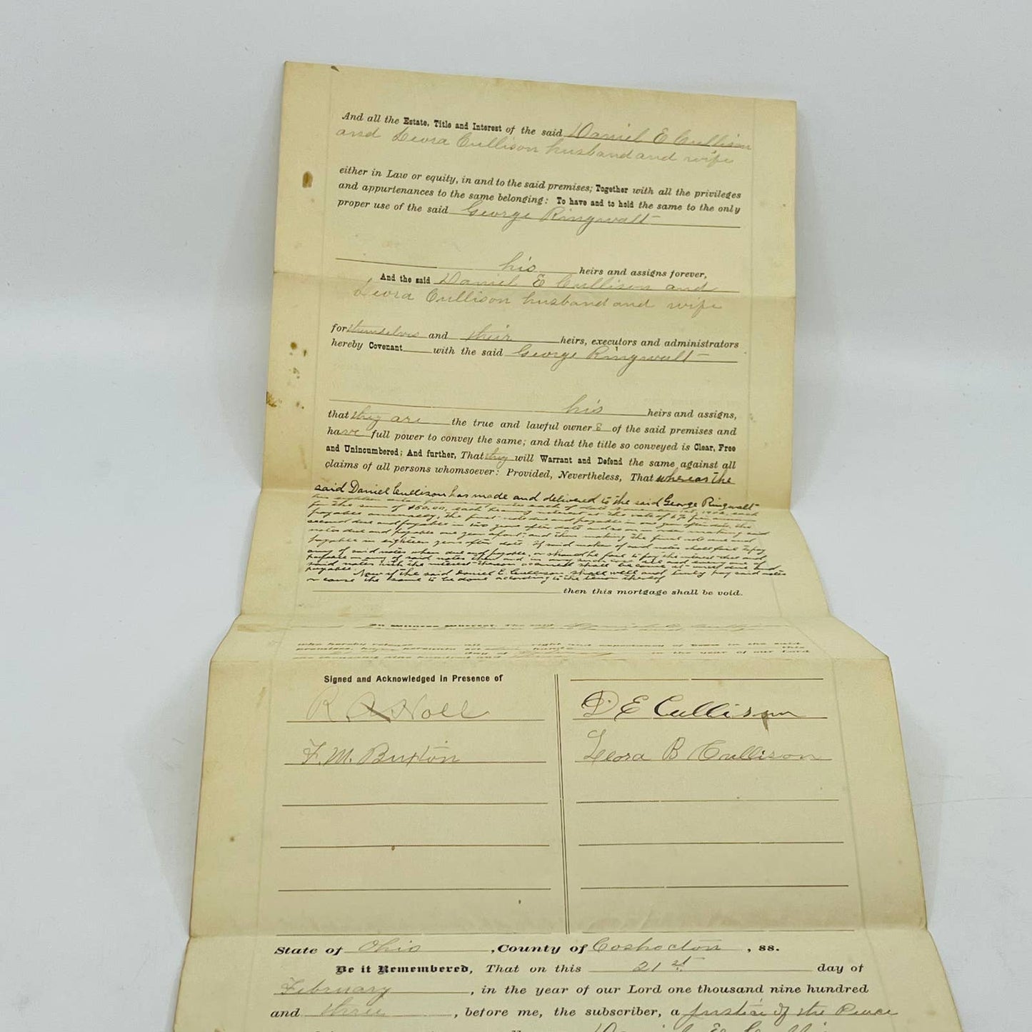 c1900 Mortgage With Dower Deed Daniel E Gullison Newcastle Ohio C12