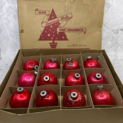 American Made 12 Vintage Mercury Glass Ornaments With Original Box Red 2 7/8"