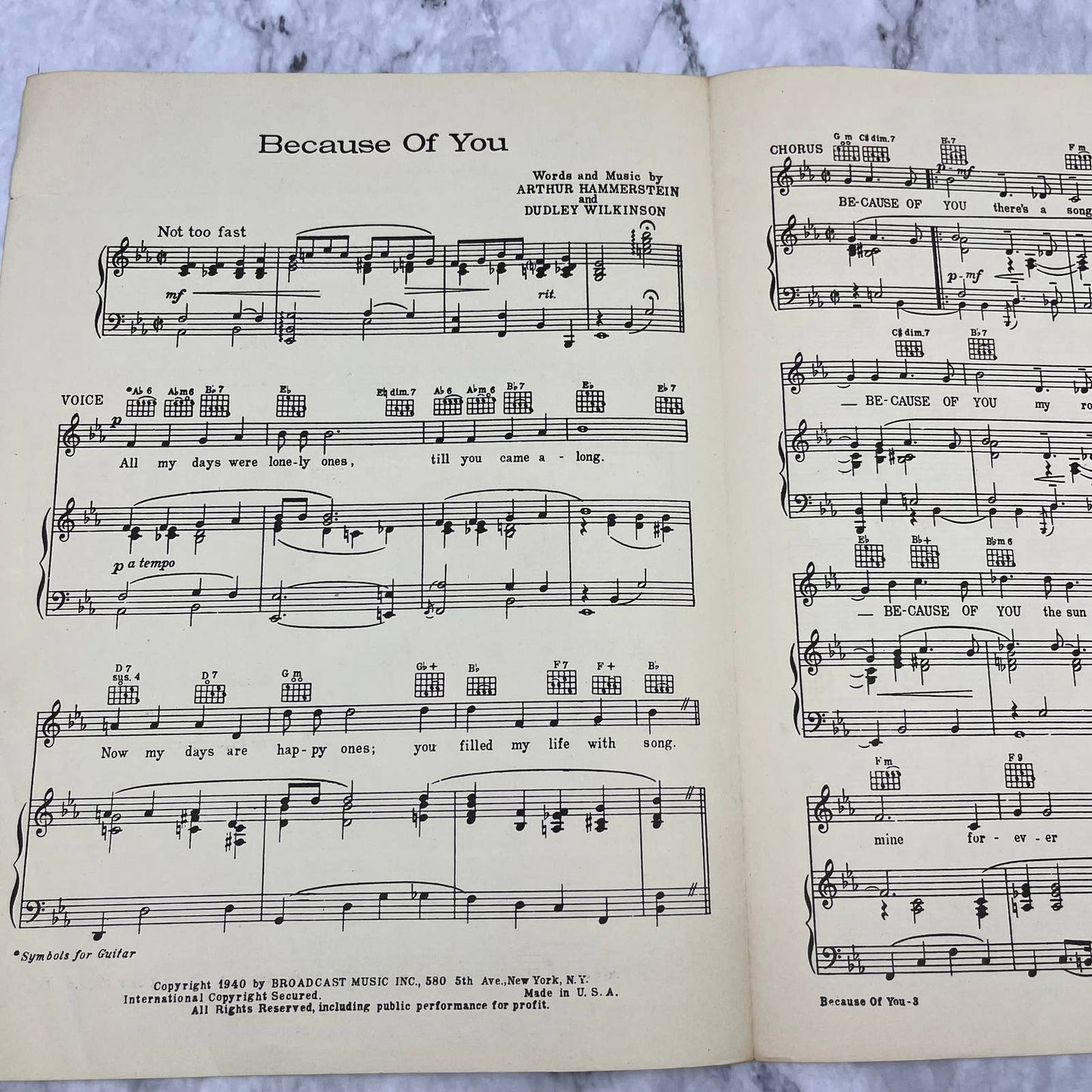 Because of You Hammerstein Tony Bennett American Spy Piano Sheet Music VTG