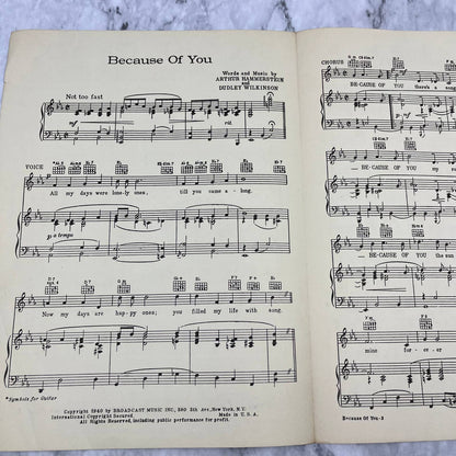 Because of You Hammerstein Tony Bennett American Spy Piano Sheet Music VTG