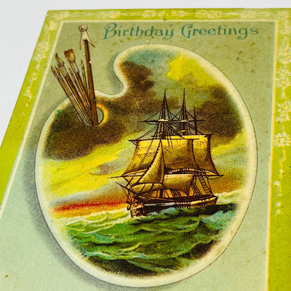 1910s Birthday Post Card Clipper Ship Artists Pallet Sailboat Ship Poem PA5