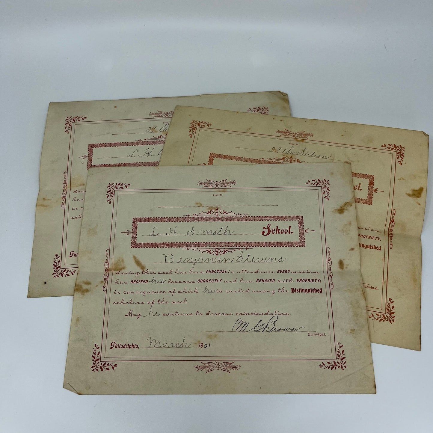 Lot of 1901-02 School Commendation Letters L.H. Smith School Philadelphia PA B6