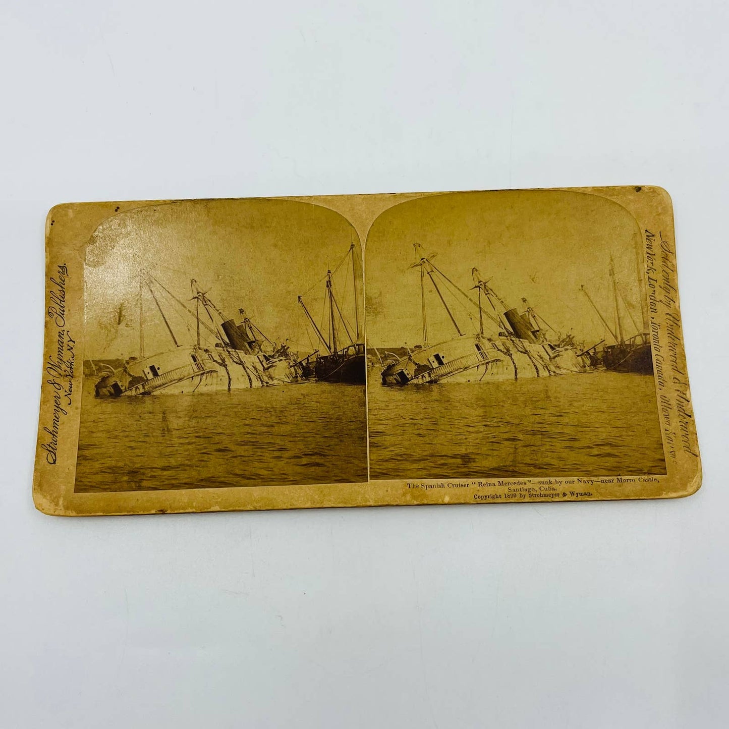 1898 Stereoview Spanish Cruiser Reina Mercedes Sunk by US Navy Santiago Cuba