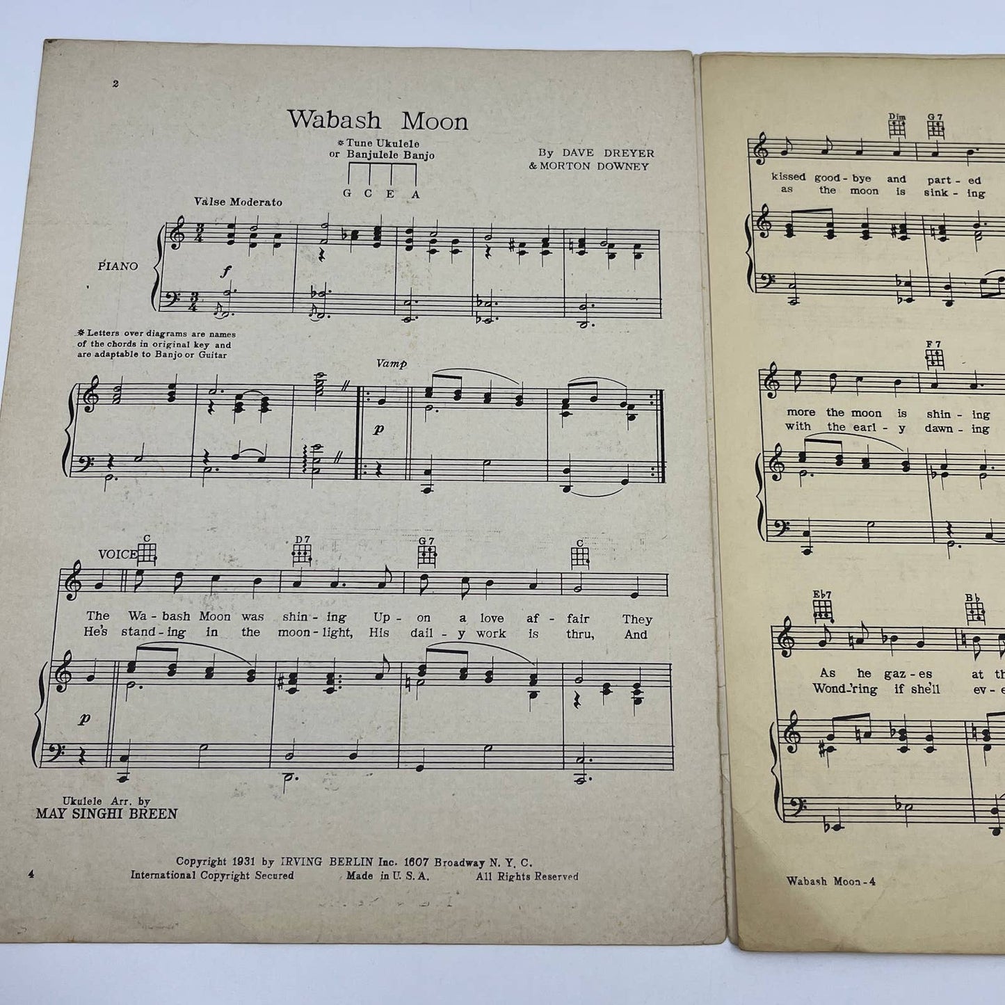 1931 IRVING BERLIN Wabash Moon Morton Downey Dave Dreyer Sheet Music Ukulele FL4
