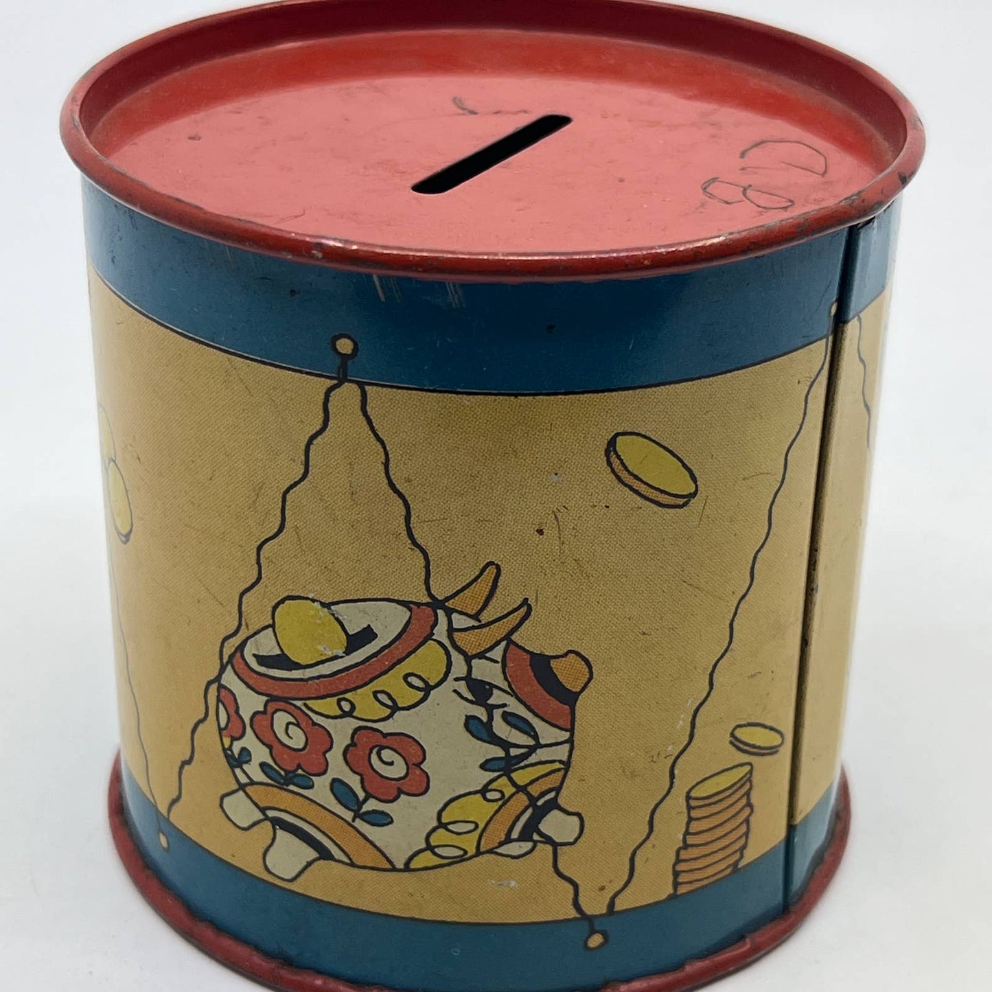 1950s Fern Bisel Peat Toy Bank Drum Siesta Ohio Art 16/101 Tin Litho 3" TG8