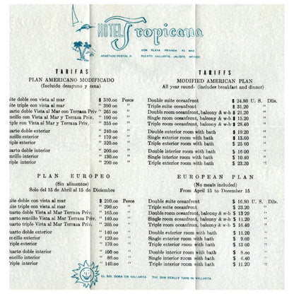 1960s Puerto Vallarta Hotel Tropicana Travel Brochure and Rate Sheet SE4