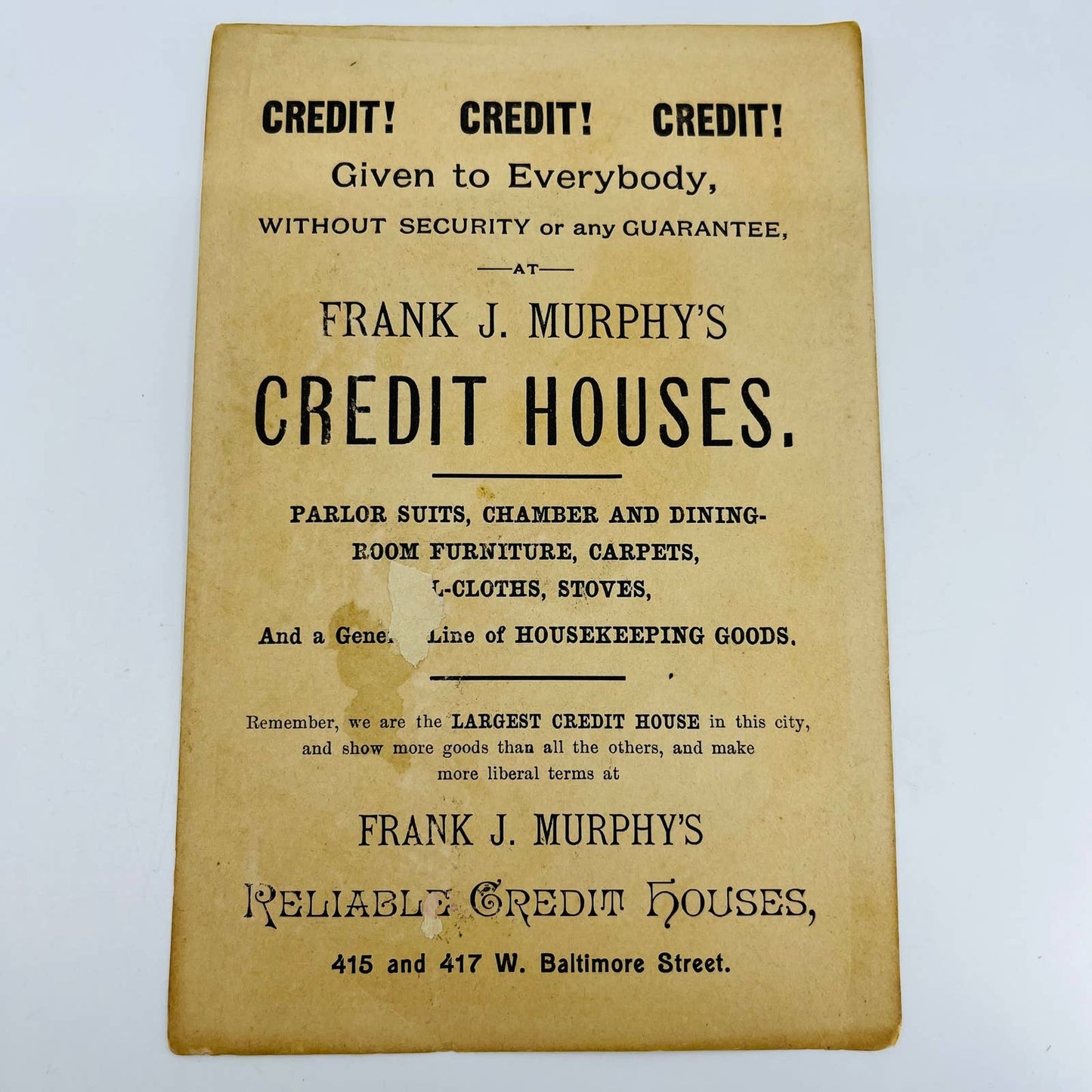 1880s Large Victorian Trade Card Frank J Murphy Credit House Baltimore St 7” AA5