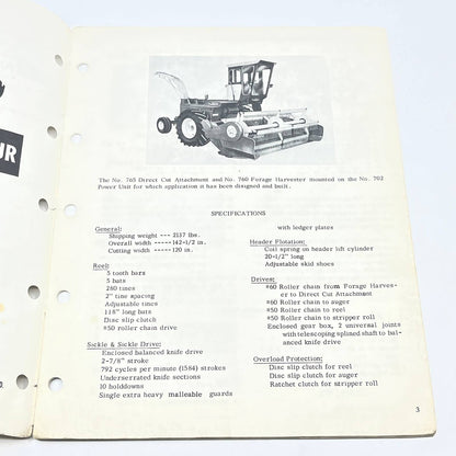 Original New Idea No. 765 Uni-system Direct Cut for Forage Harvester Manual TB9