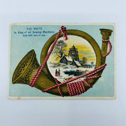 1880s Victorian Trade Card THE WHITE King of All Sewing Machines Horn AA2