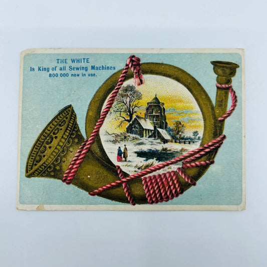 1880s Victorian Trade Card THE WHITE King of All Sewing Machines Horn AA2