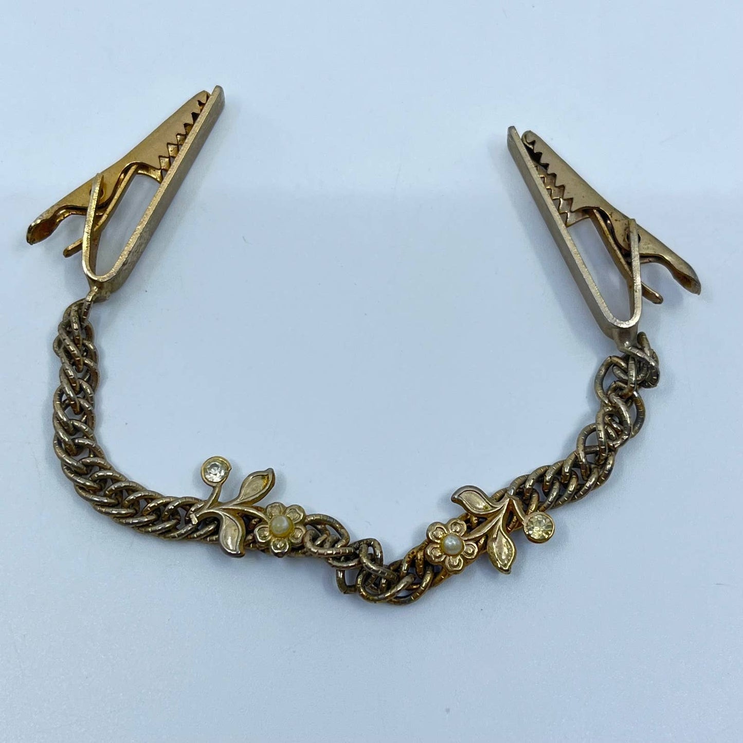 Vintage Art Nouveau Gold Tone Cape Chain Floral Rhinestones SD4