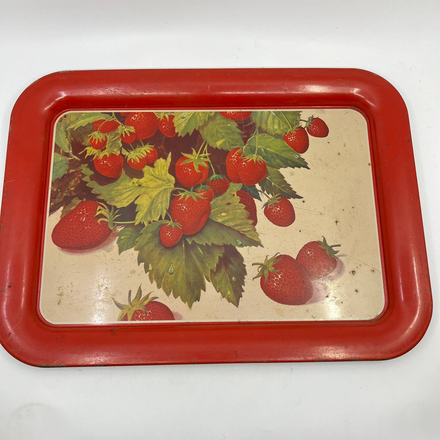 1940s Toleware Tin Enamel Strawberry Dinner Tray Set OF 4 - 17.5 x 13 TH2-1