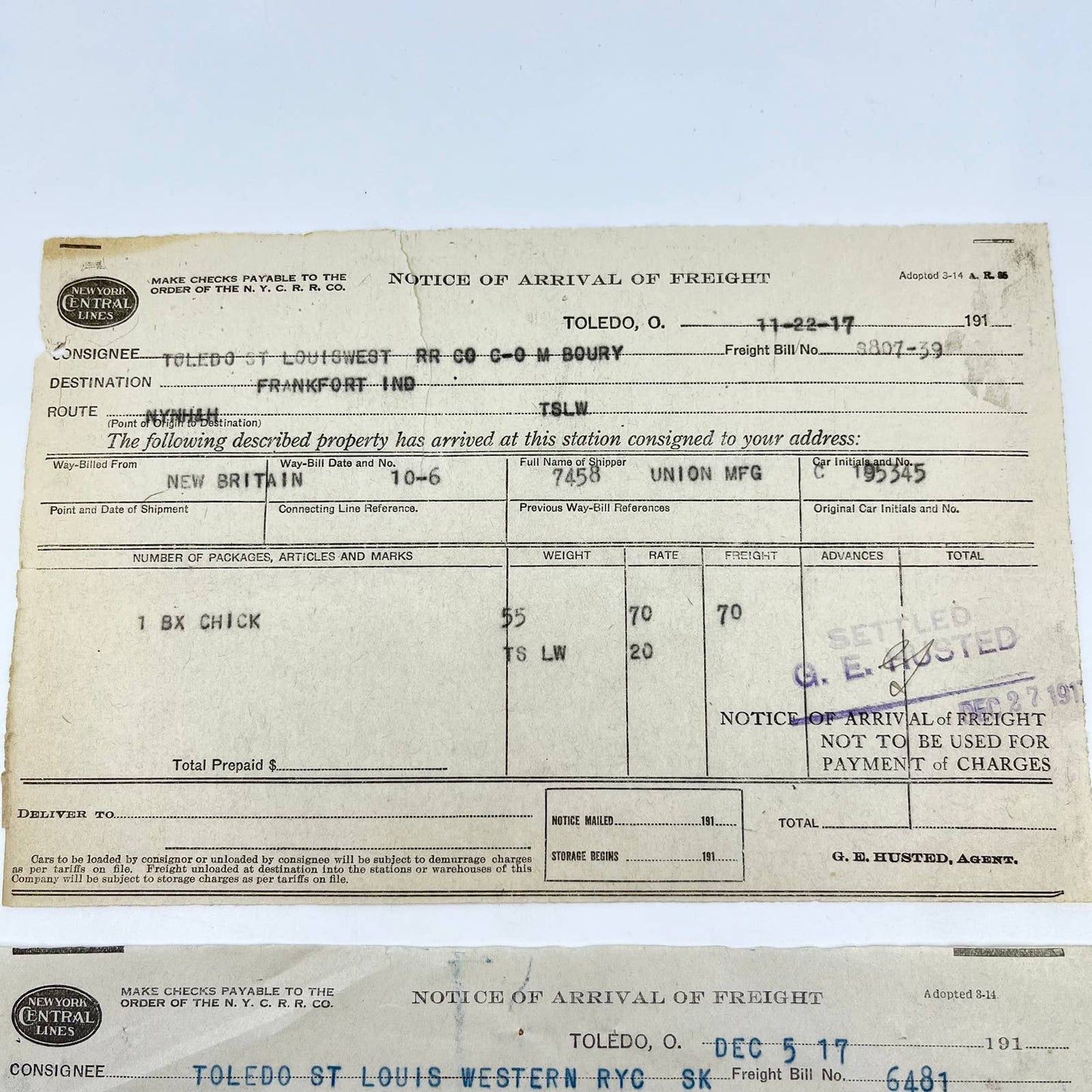 1917 Toledo, St. Louis & Western Railroad RR Arrival Notice Lot of 2 AA9