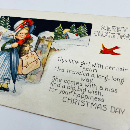 1910s Christmas Post Card Whitney Little Girl Cardinal Kitten Snow Poem PA4