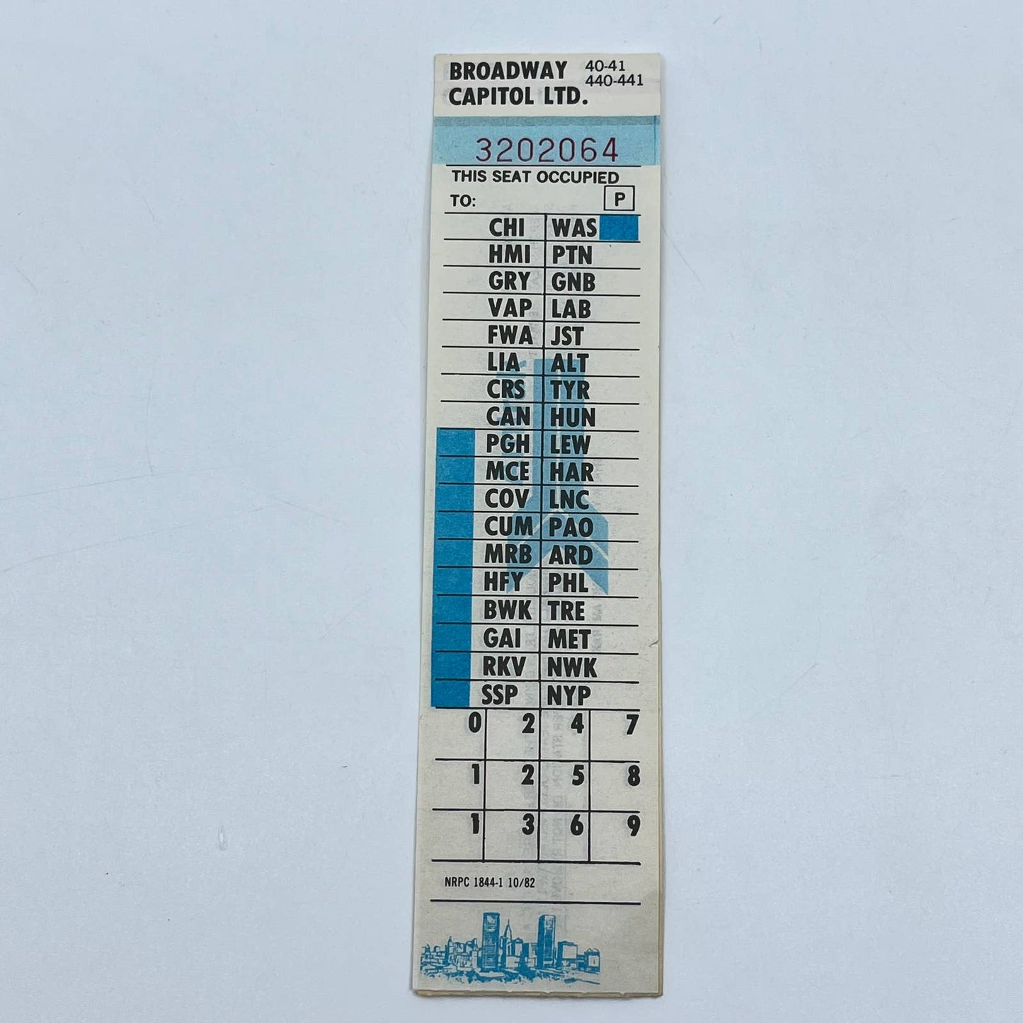 1982 Amtrak Seat Check Ticket Stub AB2