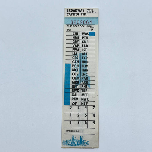 1982 Amtrak Seat Check Ticket Stub AB2