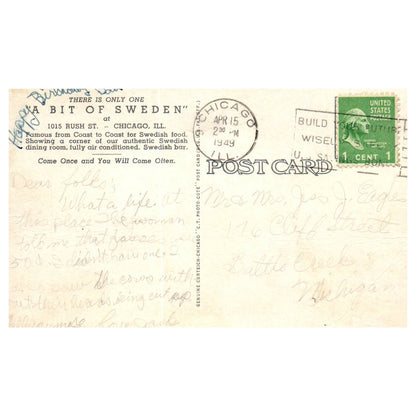 Vintage Postcard - A Bit of Sweden Restaurant Interior Chicago IL 1949 AD9