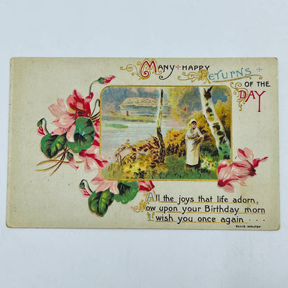 1910s Birthday Post Card WINSCH Back Girl Gathering Wood Country Scene PA5